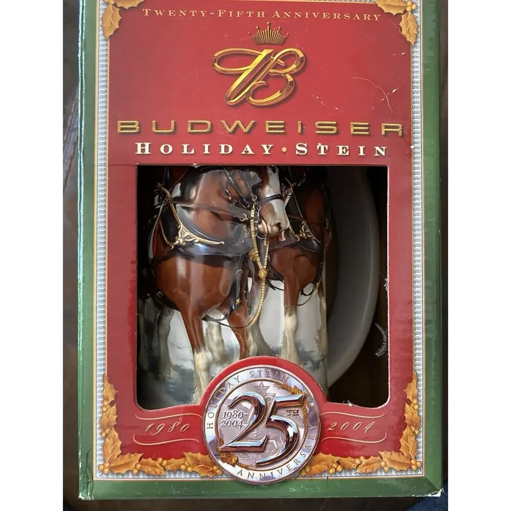 NIB 7” Budweiser Clydsdale 2004 25th Anniversary Handcrafted Holiday Stein